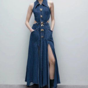 CUT-OUT SLEEVELESS LAPEL DENIM DRESS